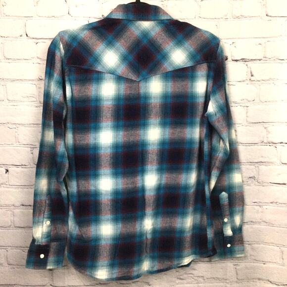 Roebuck and Co Western Pearl Snap Cowboy Rodeo Blue Plaid Flannel Shirt Men's S - Picture 6 of 13